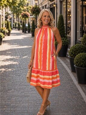 Fate Striped Halter Dress in Coral, Pink & Yellow Size Medium NWT